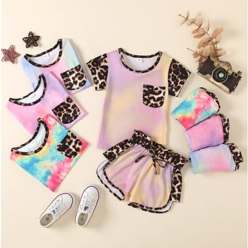 FOCUSNORM 1-6Y Summer Kids Girls Clothes Sets 2pcs Leopard Tie-Dye Printed Short Sleeve T Shirts Tops Elastic Shorts