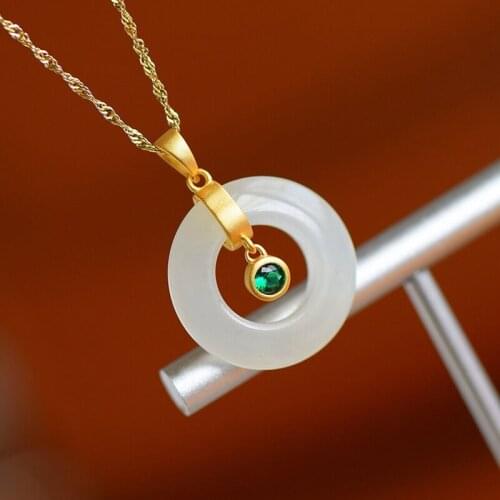 New silver inlaid natural Chalcedony pendant necklace Chinese style retro diamond gilded charm round brand jewelry for women