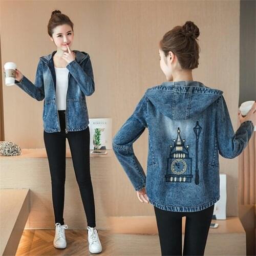 2018 Spring and Autumn Womens New Korean Large Size Embroidery Slim Hooded Womens Denim Jacket