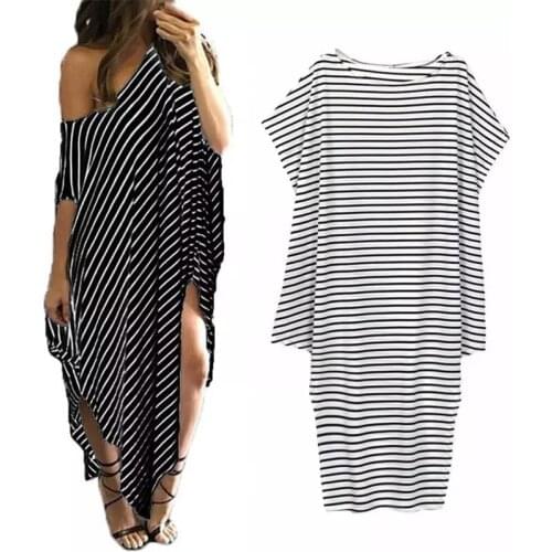 Summer Loose Striped Maxi Dress Ladies Off Shoulder Casual Woman Dresses Vacation Beach Female Robe vestido de mujer 2021