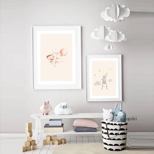Cartoon Bunny Picking Star Posters Balloon Canvas Painting and Prints Nursery Wall Art Pictures for Baby Kids Room Home Decor