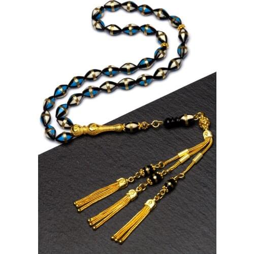 Mens Gold Plated 7x11 Blue Enamel Embroidered Spiral Kuka Prayer Beads 33 Beads Muslim Prayer Rosary