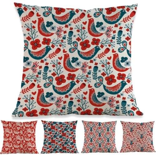 Scandinavian Style Floral Birds Deers Red blue Pattern Christmas Throw Pillow Case Home Sofa Kids Room Decorative Cushion Cover