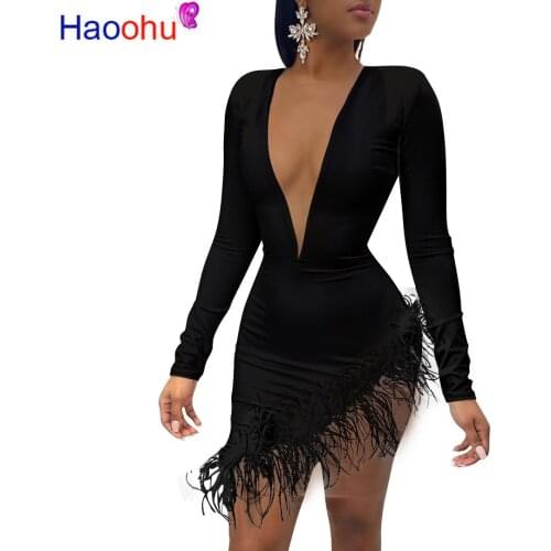 Sexy Feather Mesh Splice Night Club Party Dress Women Clothes 2020 Vestidos Black White Long Sleeve Bodycon Mini Dresses