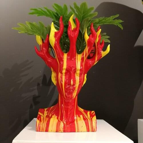 Modern Beauty Vase Fire Goddess Head Portraits Colored Drawing Flower Arrangement Personality Hand Painted Resin Sculpture X5744