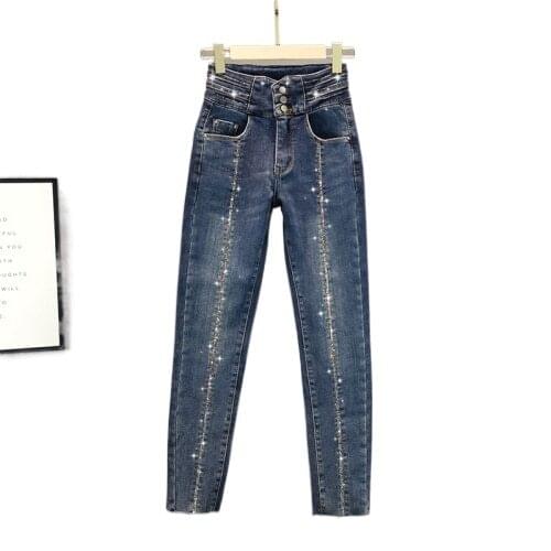 Rhinestones Fleece Warm Jeans Women 2021 Spring Autumn New High Waist Slim Fit Stretch Dark Blue Denim Pants Black Trousers