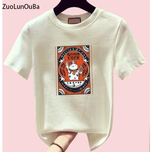 ZuoLunOuBa 2021 Summer Casual Women T Shirt Print Harajuku Cartoon Lovely Lucky Cat Cotton Loose Short Sleeve Tees Tops