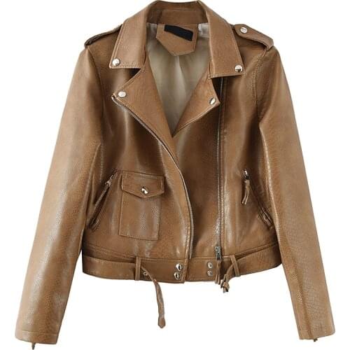 Womens Leather Jacket Short Spring Autumn 2021 New Fashion Slim Snake Pattern Female Motorcycle Biker PU Leather Outerwear Coat