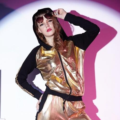 Autumn New 2016 harajuku fashion sequin designer jacket coat Black Gold Patchwork Style streetwear hip hop dance for women