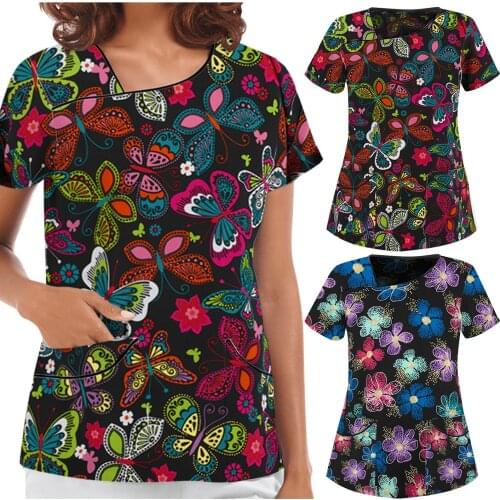 Women Multicolor Floral 3D Print Pocket Top Hospital Care Worker Nurse Working Uniform T-shirts Scrub Tops Gorro Enfermera A40