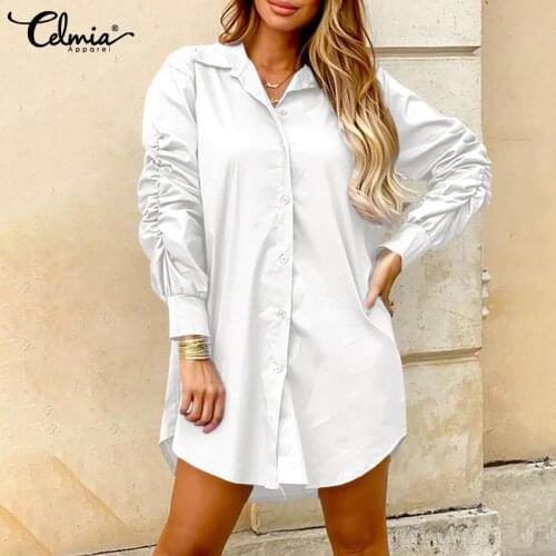 Women Shirt Celmia Fashion Long Sleeve Lapel Office Long Shirts Solid Casual Loose Buttons Pleated Blouse Plus Size Tops Femme 7