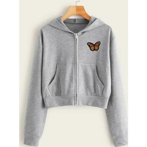 2021 Harajuku Sweatshirt Women Y2K Long Sleeve Butterfly Print Korean Hoodies Zipper Pockets Crop Top Spring Autumn Clothes