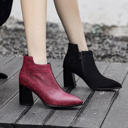 YMECHIC Nubuck Suede Patchwork Snakeskin Pu Red Yellow Retro Autumn Winter Shoes Women Ankle Boots Large Size Booties High Heels