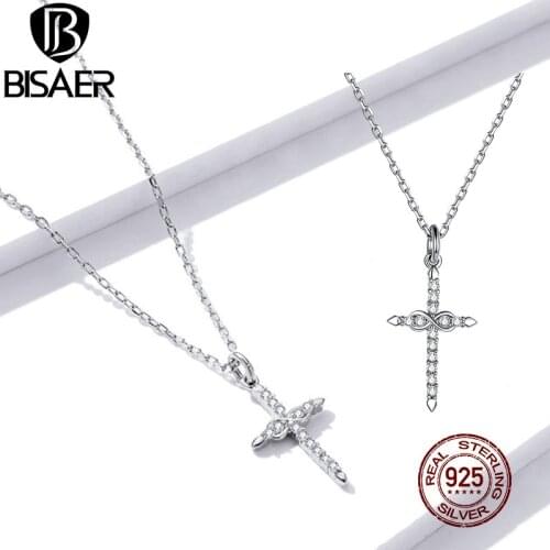 BISAER Cross Necklace 925 Sterling Silver Infinity Love Zircon Chain Link For Female Jewelry 45cm Adjustable Necklace EFN184