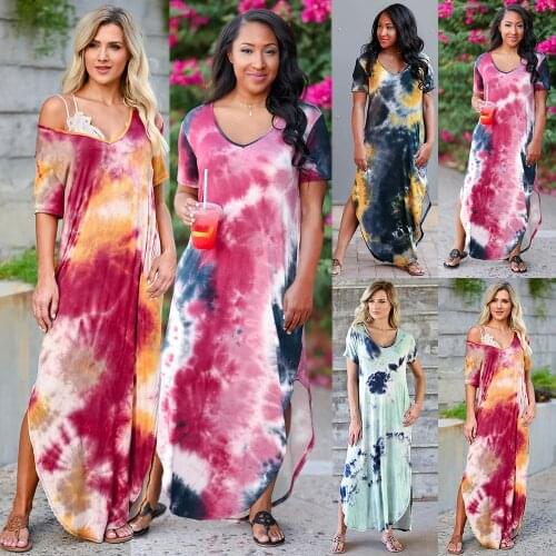 Women Dress Ladies Fashion Casual V-Neck Long Street Dress Loose Large Size Home Commuter Print Dress Female