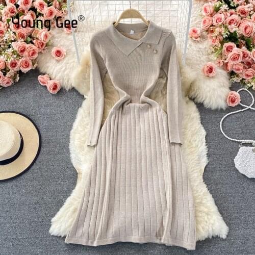 Young Gee Fall Warm Sweater Women Dress Black Turn-down Collar Winter Sweater Knitted Bodycon Pleated Midi Dresses vestidos robe