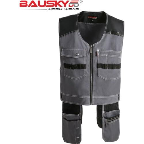 Mens Vest Multifunction Multi Tool Multi-pocket T/C Twill Workwear Vest Waistcoat for Maintenance Zipper