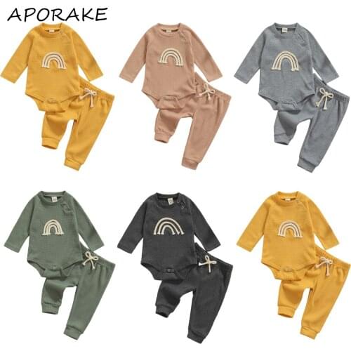 2021 0-18M Casual Baby Clothing Ribbed Set Long Sleeve Rainbow Strings Romper+Elastic Waist Lace Up Pants Boys Girls Fall 2PCS