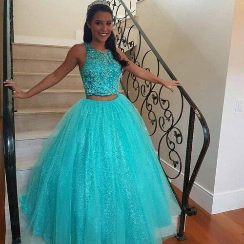 2 Pieces A Line Pearls Long Homecoming Dresses Jewel Neck Lace Appliques Tulle Sequined Graduation Dress
