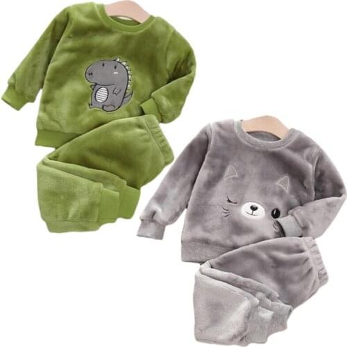 Autumn Winter Flannel Pajamas For Children Plus Velvet Thickening Pajamas Warm Leisure Home Boys Set Cute Girls Clothes 1-4 year