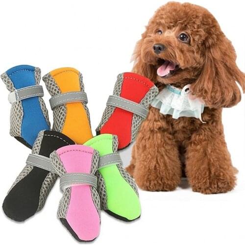 4Pcs/Set Spring Summer Dog Shoes Anti-slip Pet Boots Paw Protector Reflective Straps Dog Chihuahua Teddy Breathable Net