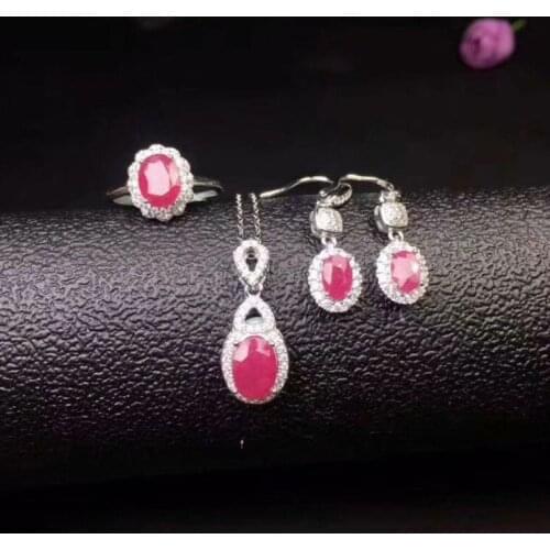 Free Shipping Natural Ruby jewelry set Natural Real Ruby 925 sterling silver 1pc pendant,2pcs Earring,1pc Ring