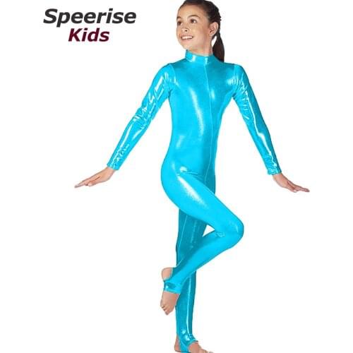 Speerise Kids Shiny Spandex Bodysuit Stirrup Second Skin Metallic Lycra Catsuit Zentai Unitard Long Sleeve Gymnastics Sportswear