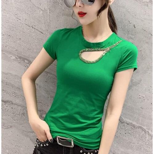 GGRIGHT Funny Hollow Out korean T-shirts Women 2019 Summer Cotton O-neck Short Sleeve Tshirt White green Women Tees Top Harajuku