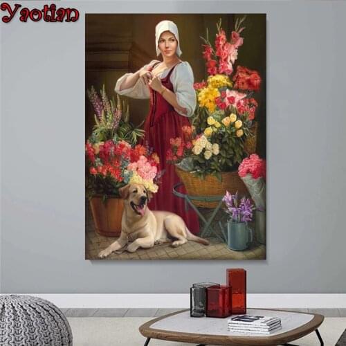 New 5D DIY Diamond Painting Woman and flower dog Full Square&Round Diamond Mosaic Diamond Embroidery Cross Stitch Home Decor