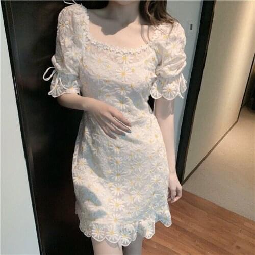 Summer Big Girls Party Dress Retro Lace Daisy Embroidery Two Piece Mini Sexy Party Teenager Dresses Square Neck Vestidos 12-20Y