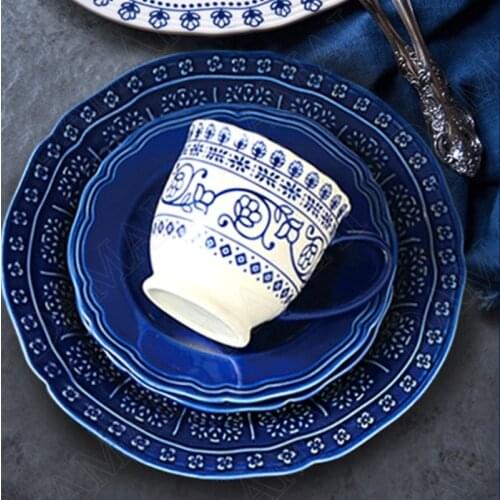 Retro Ceramic Plate Set Relief Decorative Western Steak Dish Afternoon Tea Cake Dessert Tray Home Kitchen Dishes and Plates Sets