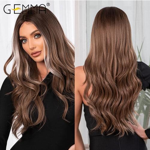 GEMMA Natural Middle Part Synthetic Wigs for Black Women Long Wavy Hair Cosplay Black Brown Golden Highlight Wig Heat Resistant