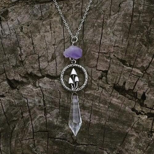 Mushrooms Necklace and Magical Amethyst Crystal Stone