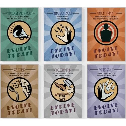 Bioshock Plasmids Poster Electro Teleki Cyclon Hypnot Skill Retro Club Home Mural Pub Garage Canvas Prints Kid Wall Art Pictures