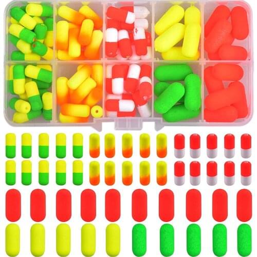 80Pcs/Box Foam Fishing Float Bobber Cylindrical Bottom Pompano Rig Foam Floats For Trout Catfish Walleye Tackle