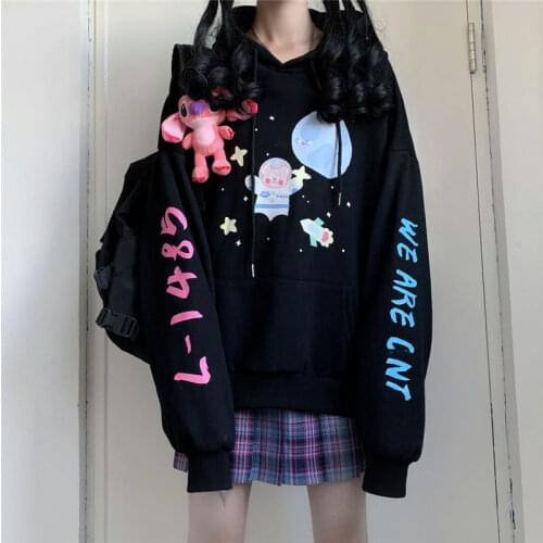 Black Hip Hop Hoodie Sweatshirt Autumn Women Loose Funny Punk Tops Cartoon Pollover Oversize Korean Gothic Japan Hoodies Coats