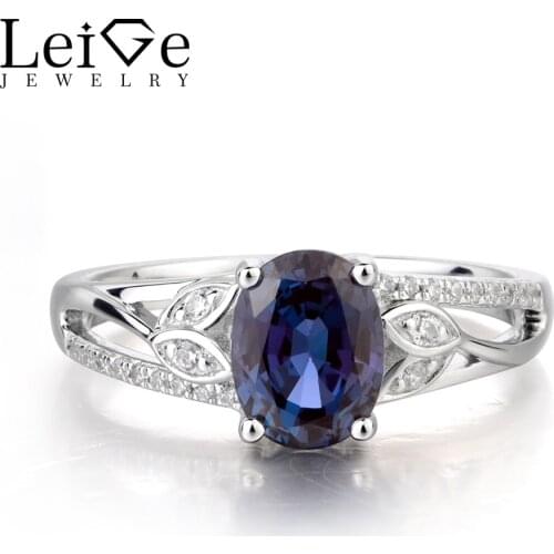Leige Jewelry Anniversary Ring Alexandrite Ring June Birthstone Ring Oval Cut Color Changing Gemstone 925 Sterling Silver Gifts
