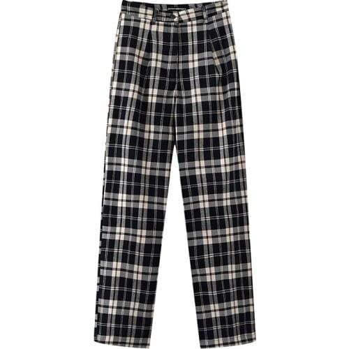 Slim Girls Vintage High Waist Trousers 2021 Summer Fashion Ladies All-match Women Casual Check Straight-leg Pants