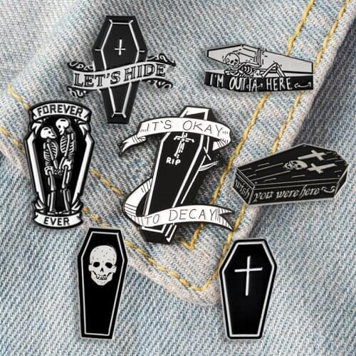 Funny Dark coffin enamel pins Punk Couple skeleton forever brooches Dead Cult clothes bag Lapel pin badges Gothic jewelry gifts