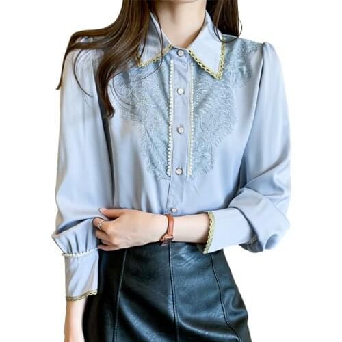 Korean Style 2021 New Spring Autumn Women Long Sleeve Shirt High Quality Beading Lace Patchwork Satin Vintage Shirt