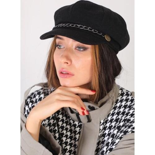 Women Black Chain Detail Cachet Captain Pattern Hat