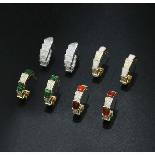 Top Quality OL Fashion Mosaic AAA Zircon Crystals Cute Snake Style Slub Stud Earring for Women Luxury Jewelry