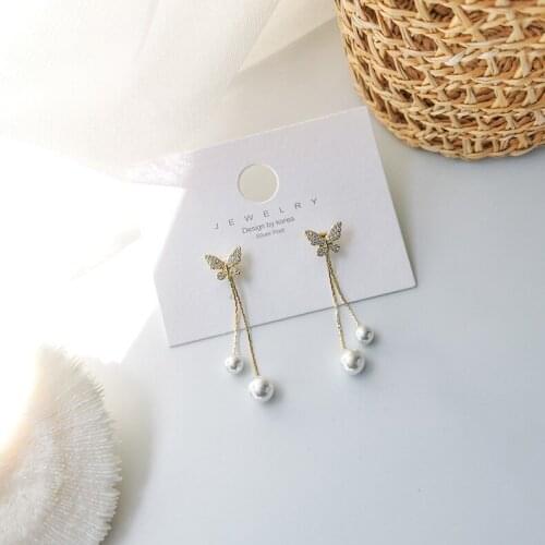 14k Real Gold Plated Jewelry Micro-inlaid Zircon Butterfly Long Tassel Pearl Luxury Earrings for Woman Elegant Sweet Earring