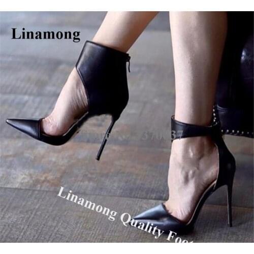 Linamong Elegant Pointed Toe Stiletto Heel Ankle Wrap Pumps Black Leather Back Zipper-up Cut-out High Heels Formal Dress Heels