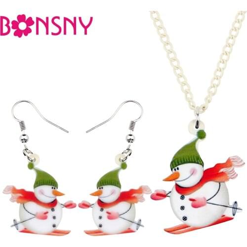 Bonsny Acrylic Christmas Skiing Snowman Jewelry Set Necklace Earrings Anime Festival Jewelry For Women Girls Charms Gift 2019