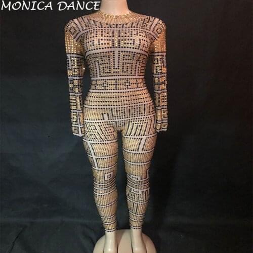 Women Sexy Sparkly Black Gold Stones Jumpsuit Sexy Mesh See Through Rhinestones Bodysuit Rompers Stage Birthday Dance Wear