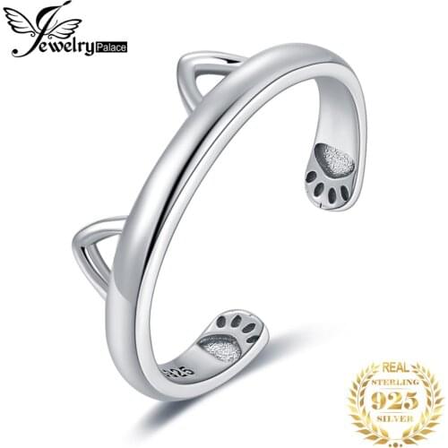 JewelryPalace Cat Ear Paw 925 Sterling Silver Ring Open Adjustable Korean Cuff Finger Thumb Band Stackable Love Rings for Women