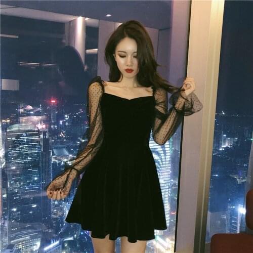 Fashion Temperament Womens Clothing Sexy Korean Black Short Dresses Spring Autumn Mesh Patchwork Perspective Woman Dress New