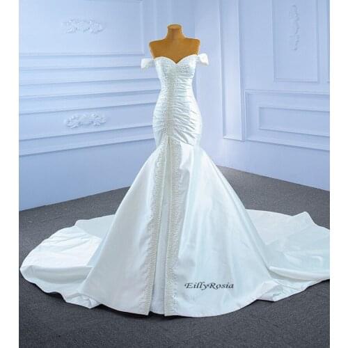 White Mermaid Wedding Dress Off the Shoulder Lace up Back Satin Pearls Pleated Bridal Gowns for Bride Gorgeous vestido de noiva