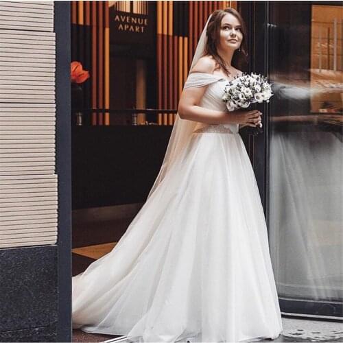 Off The Shoulder A-line Wedding Dress Pleats Tulle Court Train 2021 Vestido De Novia Delicate Beading Lace Up Back Bridal Dress